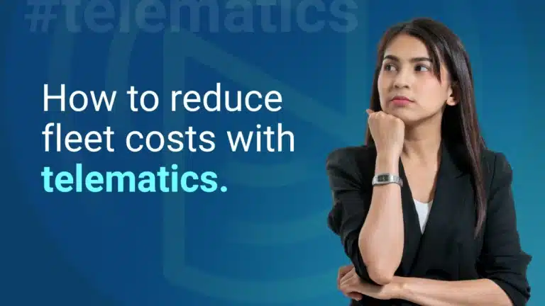 Business professional thinking beside text reading “How to reduce fleet costs with telematics”.