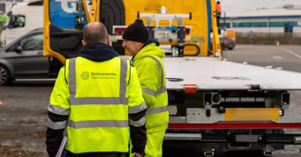 Nationwide Fleet Installations engineers in high-vis jackets working near a recovery vehicle