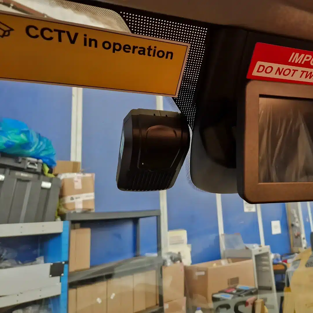 In-cab CCTV camera mounted on a vehicle windscreen