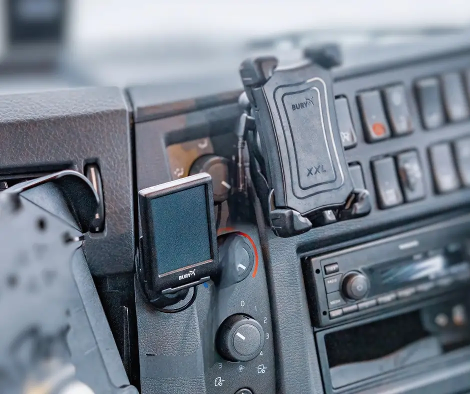 Close-up of securely installed commercial vehicle phone and device mounts