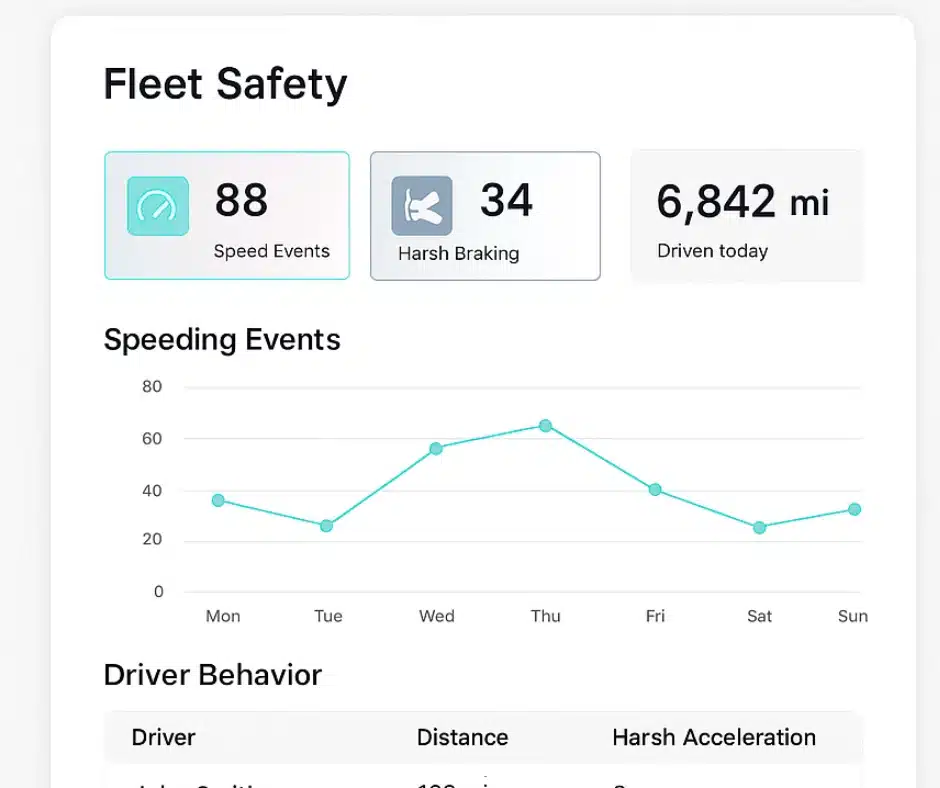Fleet management software showing driver behaviour and speeding events dashboard