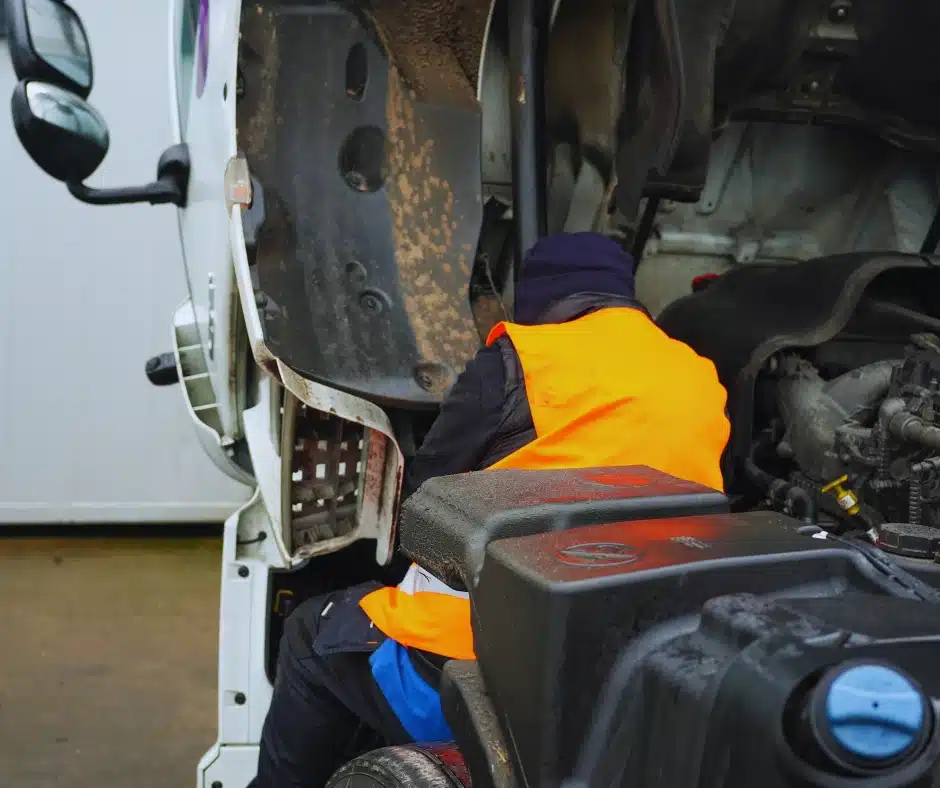 Engineer fitting telematics hardware to HGV