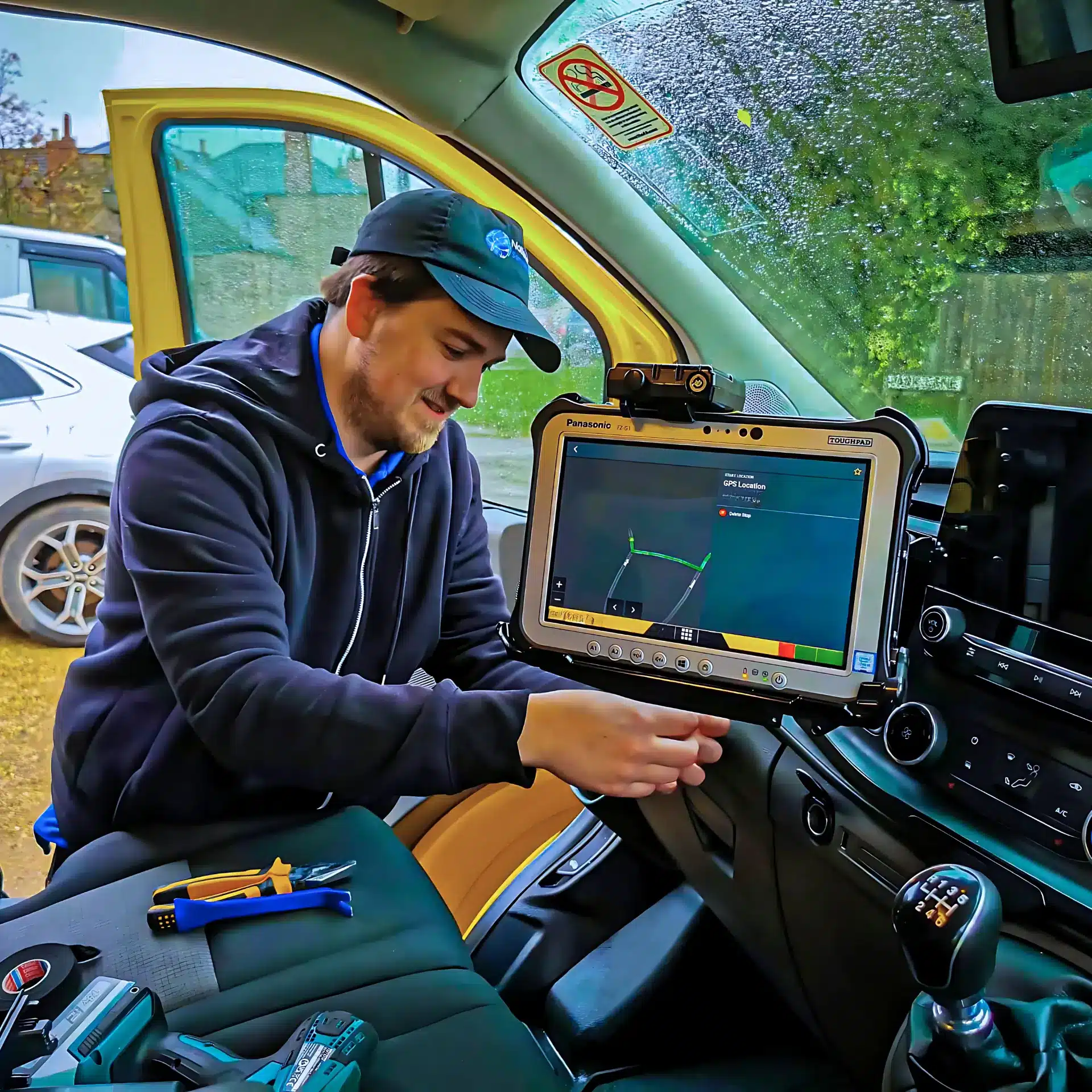 Installing a rugged Panasonic tablet with telematics software in a commercial van.