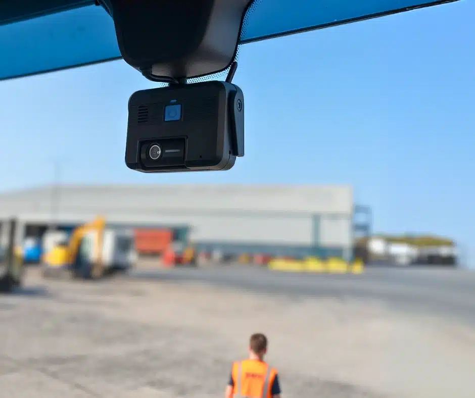 Close-up of a driver-facing camera mounted on a commercial vehicle windscreen.