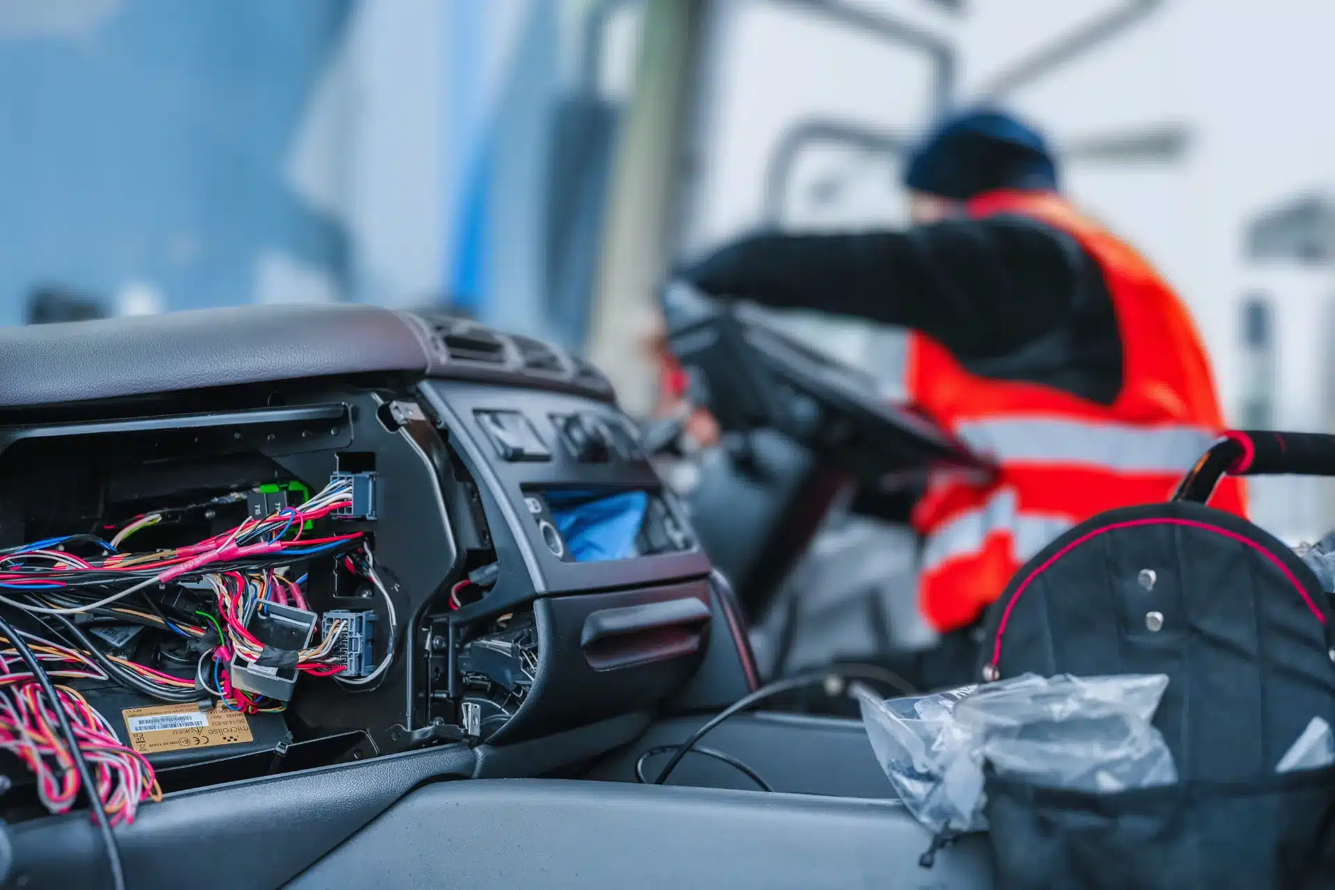 echnician installing telematics wiring inside a commercial vehicle dashboard.