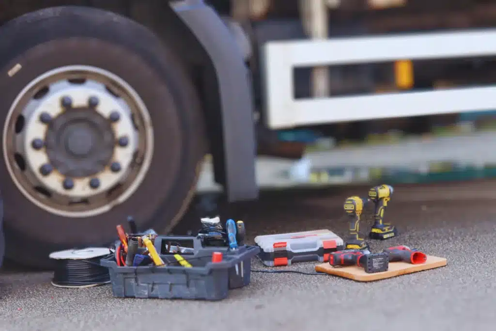 Tools and power drills laid out beside an HGV during a fleet safety equipment installation.