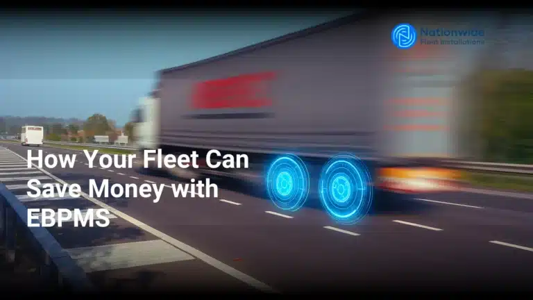 Truck on motorway with digital wheels and blog title overlay about cost savings from EBPMS