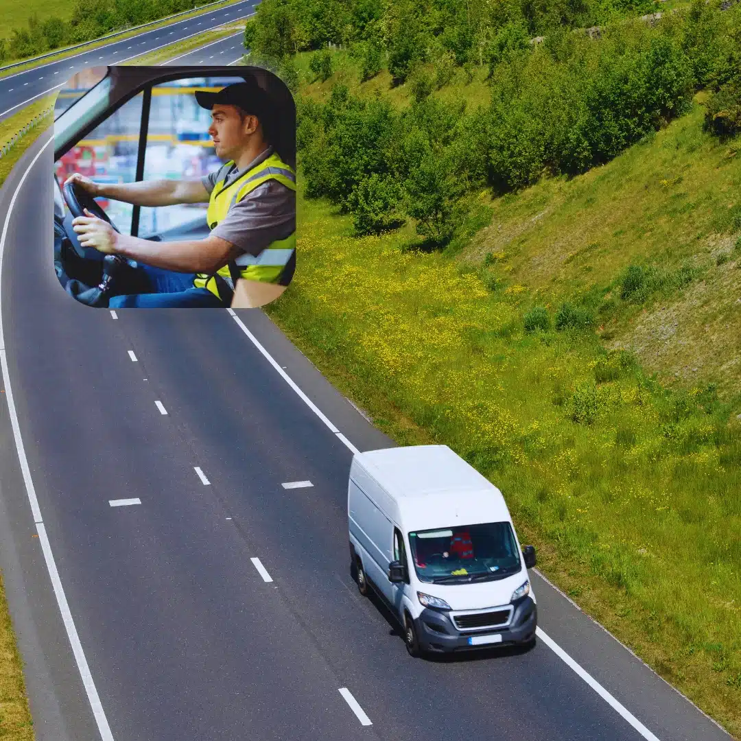 Fleet vehicle driving on a motorway with a visual overlay showing in-cab monitoring to demonstrate the benefits of video telematics for driver behaviour and safety.