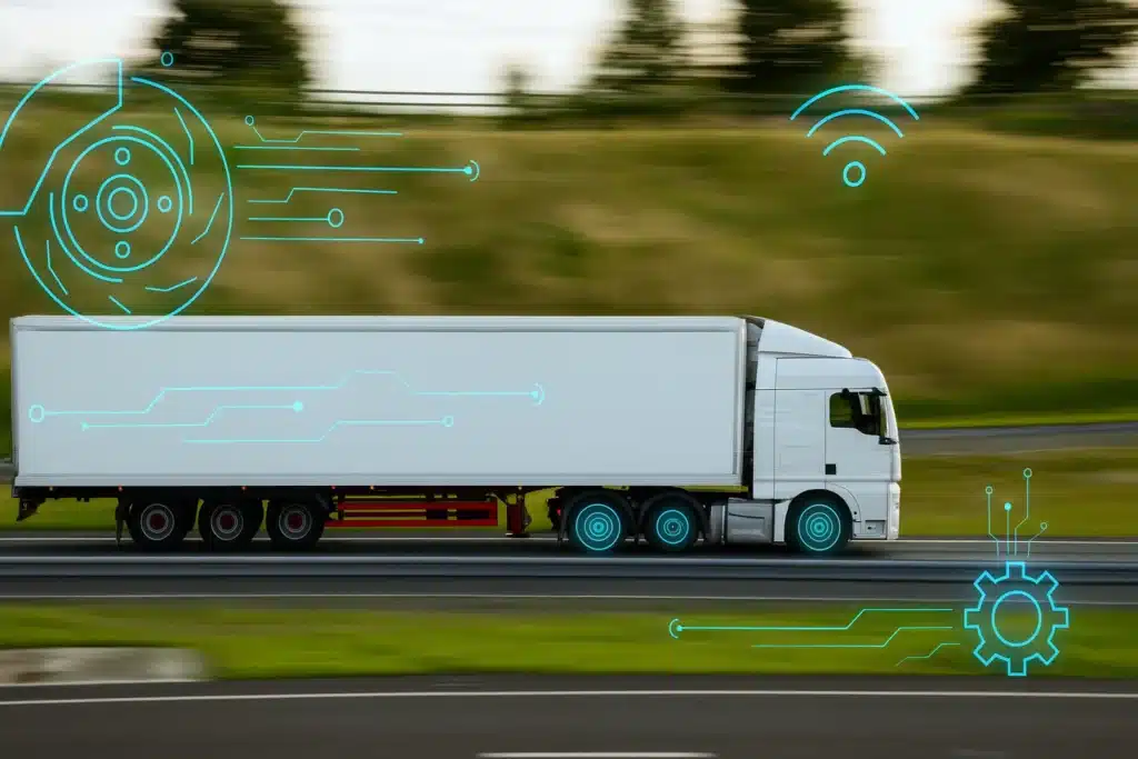 HGV with digital overlay highlighting advanced brake safety technology
