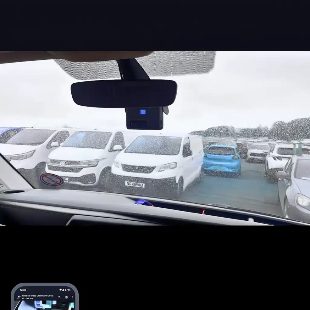 Rear-view mirror-mounted video telematics camera capturing vehicle movements in a commercial fleet yard.