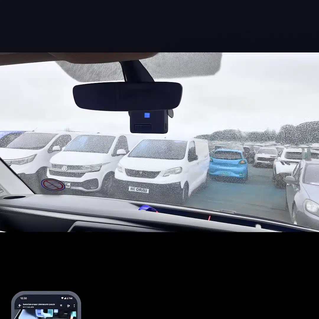 Rear-view mirror-mounted video telematics camera capturing vehicle movements in a commercial fleet yard.