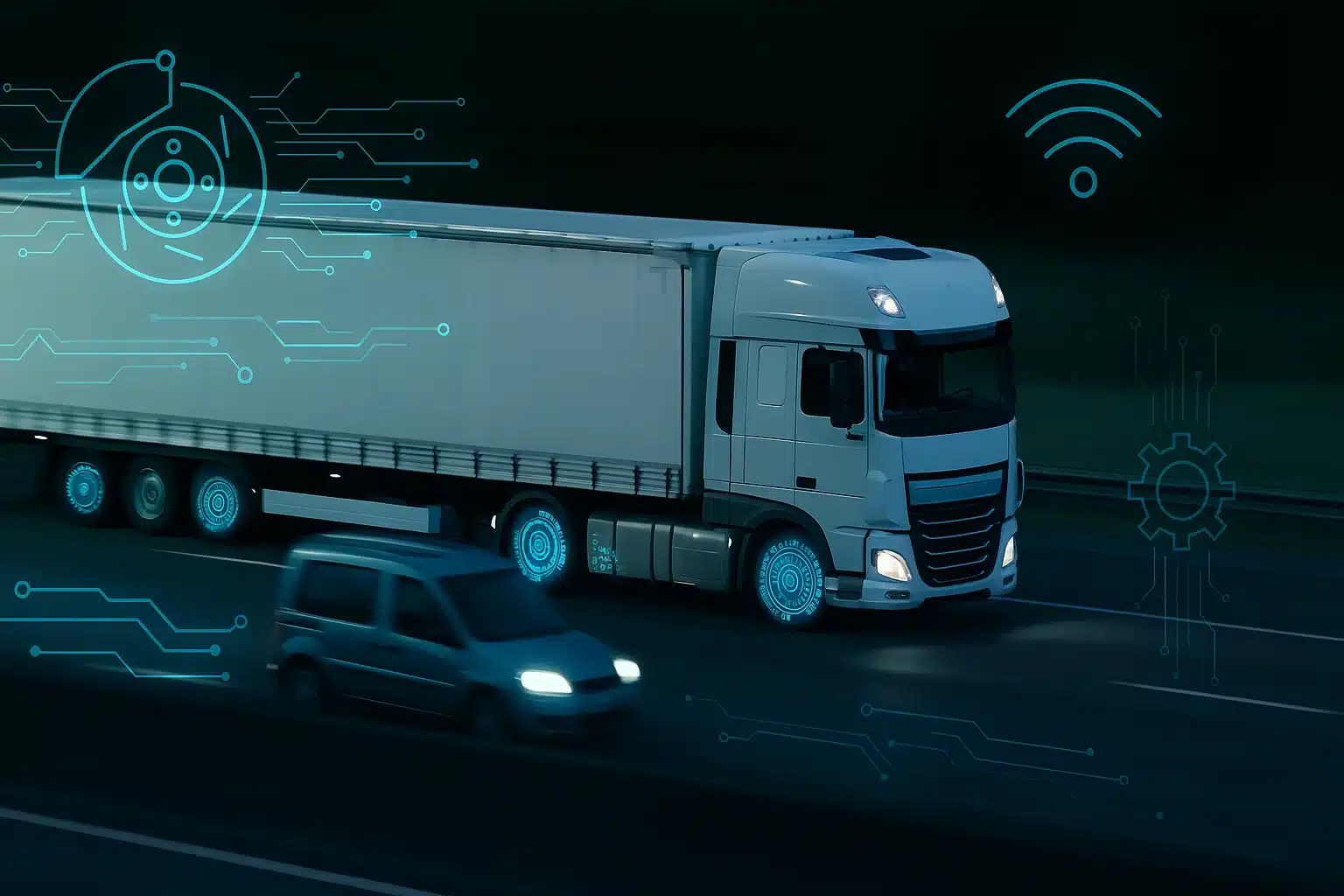 Motion-blurred HGV with glowing brake indicators suggesting digital brake testing