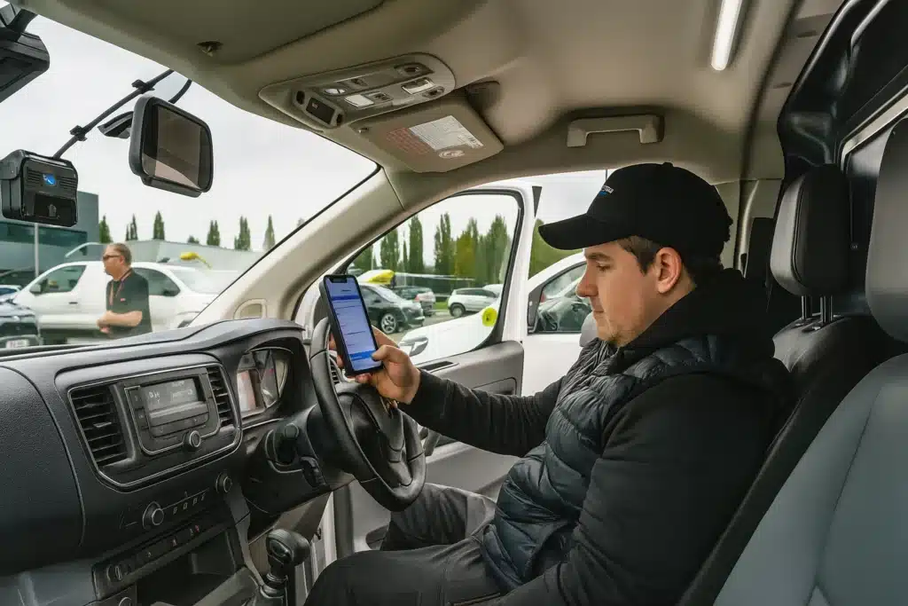 Technician from Nationwide Fleet Installations configuring a video telematics system inside a fleet vehicle using a mobile device.