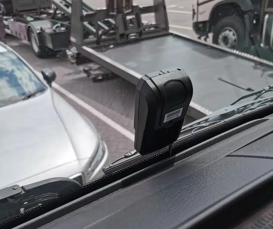 business-grade dash cam mounted on the windscreen of a commercial truck