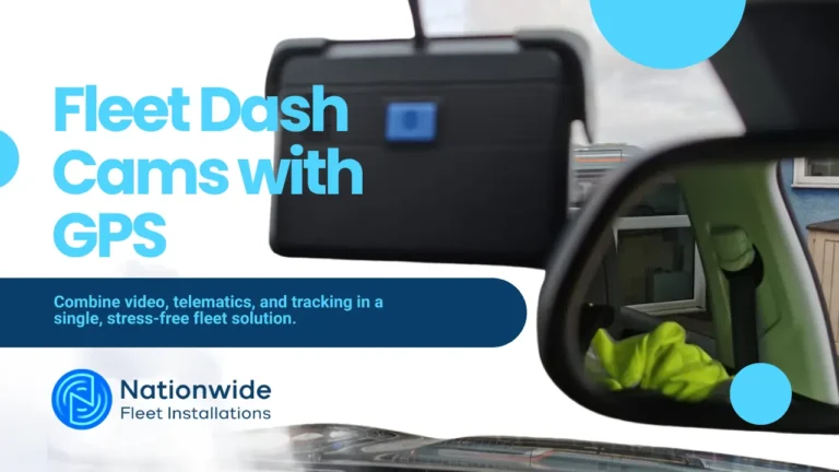 Fleet dash cam with GPS installed in vehicle for video, telematics, and tracking solution by Nationwide Fleet Installations.