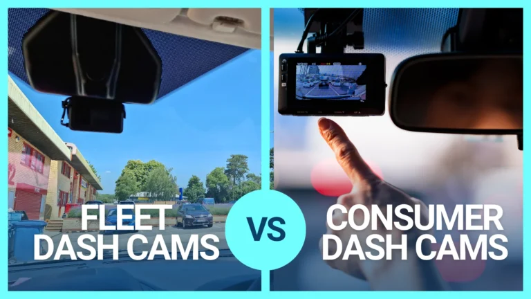 Side-by-side comparison showing a fleet dash cam installed in a vehicle versus a consumer dash cam being operated by a driver.