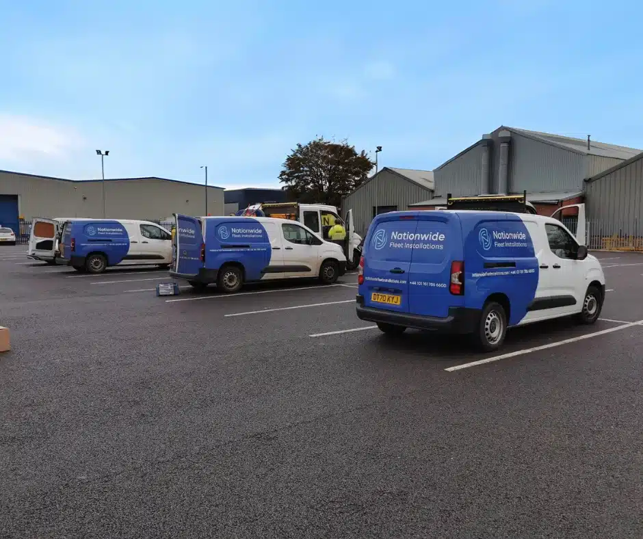 Fleet of Nationwide Fleet Installations vans at a large dash cam installation project in the UK.