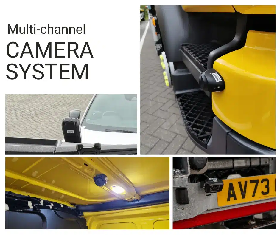 multi-channel vehicle camera system with front facing fleet dash cam, blind spot camera, reverse camera