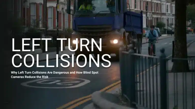 Large HGV turning left on a residential UK street while a cyclist travels alongside on the near side, illustrating the risk of left-turn collisions caused by vehicle blind spots.