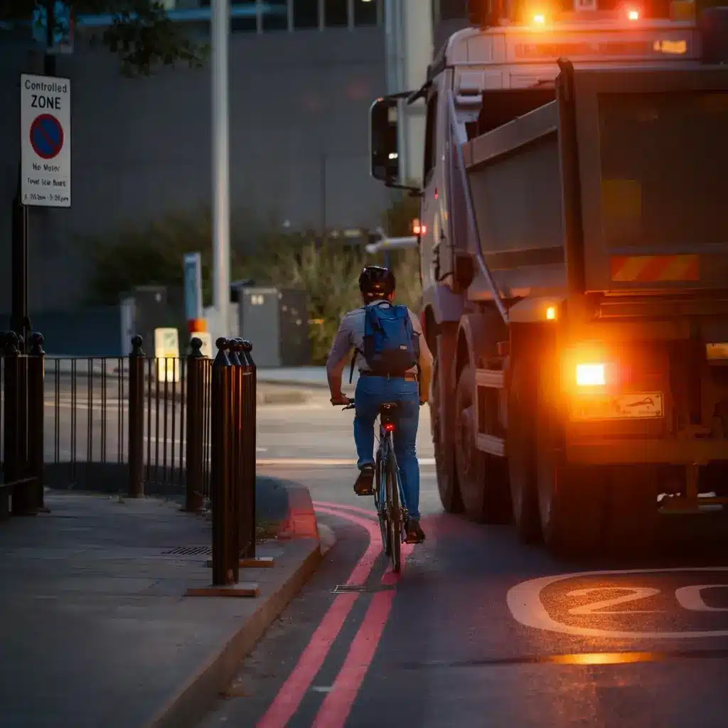 Cyclist riding close to the left side of a stationary or slow-moving HGV, positioned in the vehicle’s blind spot, with road markings and street furniture visible in an urban environment.