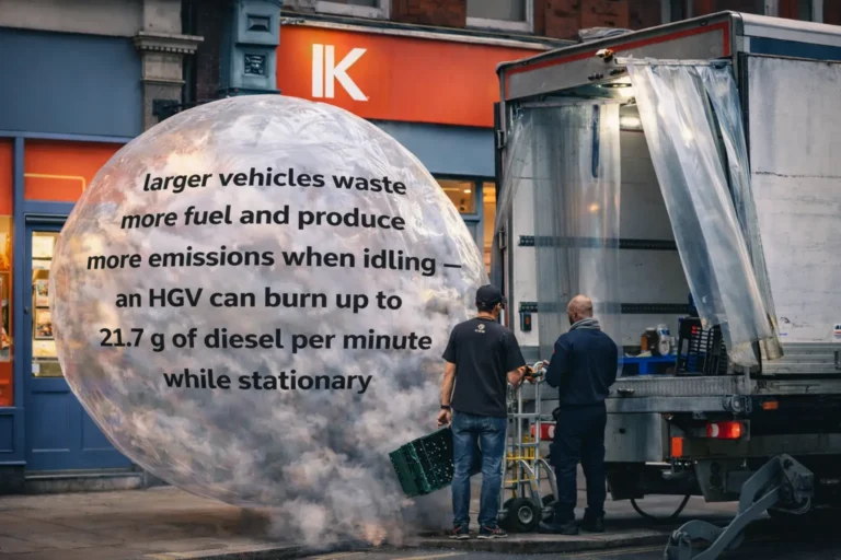 Delivery HGV idling outside a high street shop in the UK, with visible exhaust fumes forming a large cloud to illustrate fuel waste and emissions while stationary.