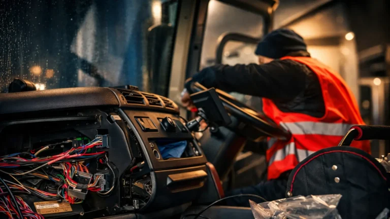 Fleet installation engineer removing an old vehicle camera system from a truck dashboard before installing a new system.