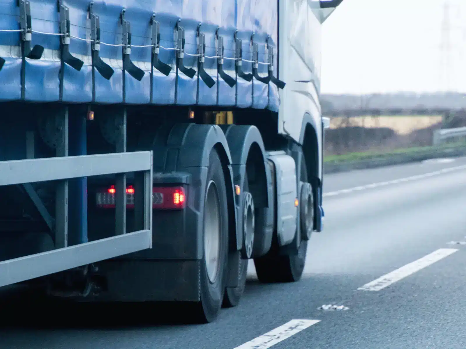 Commercial HGV fitted with a tyre pressure monitoring system travelling on a UK motorway